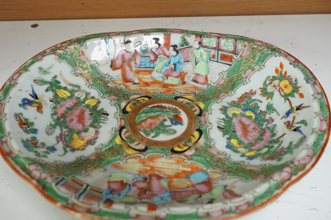 A 19th century Canton dish enamelled with figures and birds, 26cm wide